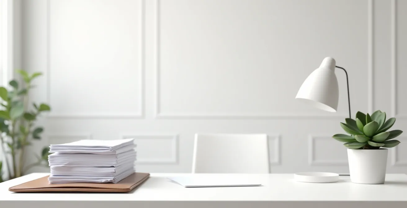 Minimalistischer Arbeitsplatz mit sortierten Geschäftsunterlagen in ruhiger Büroatmosphäre