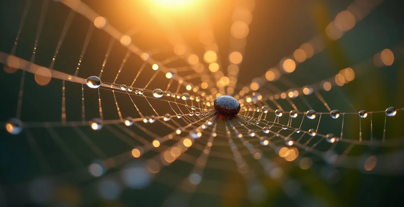 Makroaufnahme von Wassertropfen auf einem Spinnennetz, die das empfindliche Gleichgewicht von Investitionsentscheidungen symbolisieren