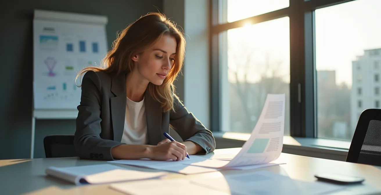 Mitarbeiterin im modernen Büro bearbeitet Kundenanfrage mit transparenten Datenschutz-Werkzeugen