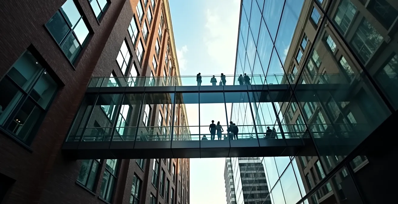 Symbolische Darstellung der Unternehmensintegration durch eine Glasbrücke zwischen einem alten und einem neuen Gebäude