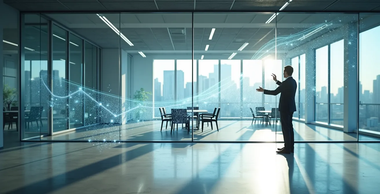 Manager analysiert Technologie-Bewertungsmatrix auf transparenter Glaswand