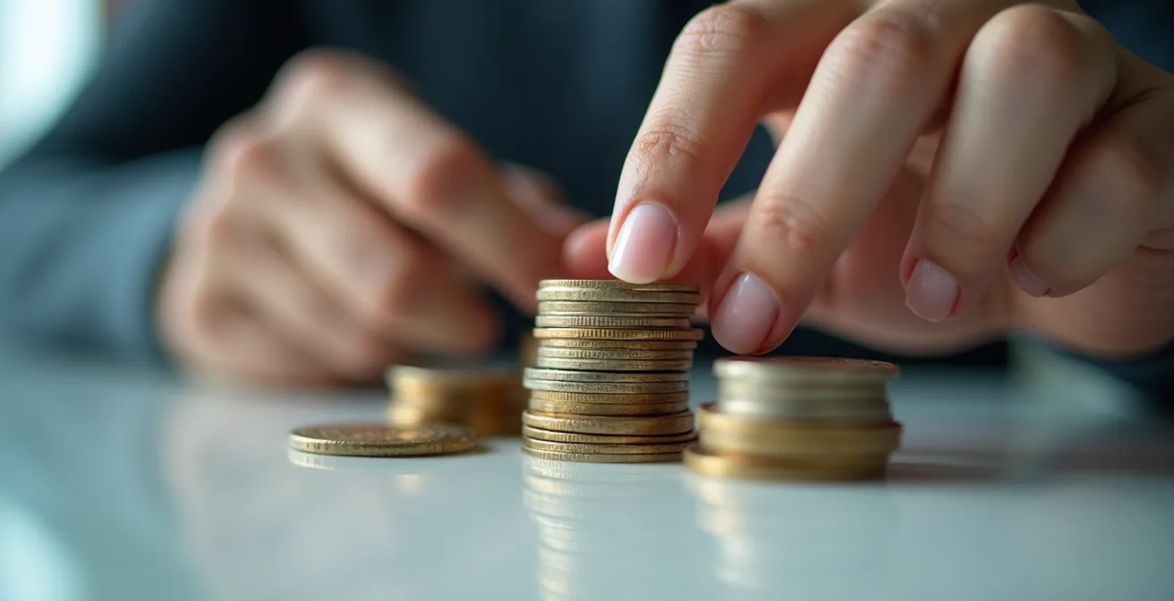 Detailaufnahme einer Hand, die Münzen auf verschiedene Stapel sortiert