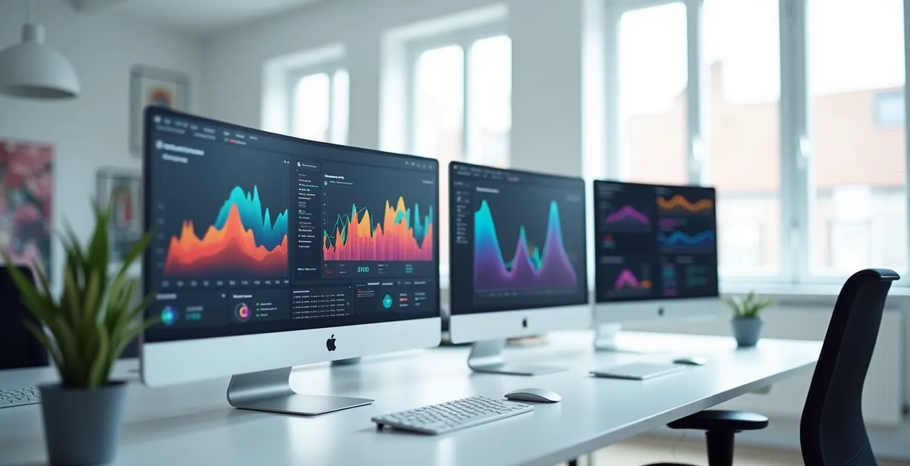 Moderner Arbeitsplatz mit verschiedenen Marketing-Tools auf mehreren Bildschirmen