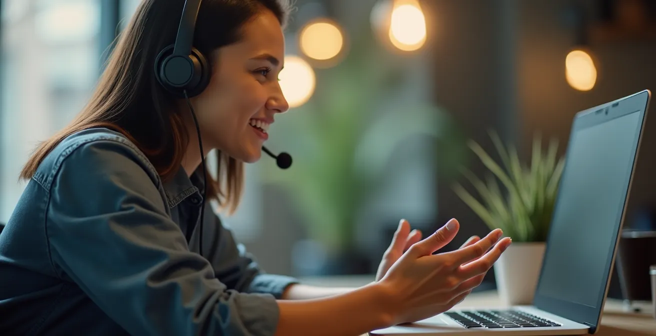 Ein Kundenservicemitarbeiter zeigt Empathie in einem Videocall und symbolisiert die Wichtigkeit menschlicher Interaktion.