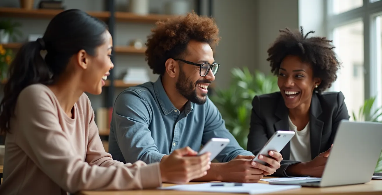 Drei diverse Mitarbeiter, die in einer kollaborativen und positiven Atmosphäre interagieren und als authentische Markenbotschafter agieren.