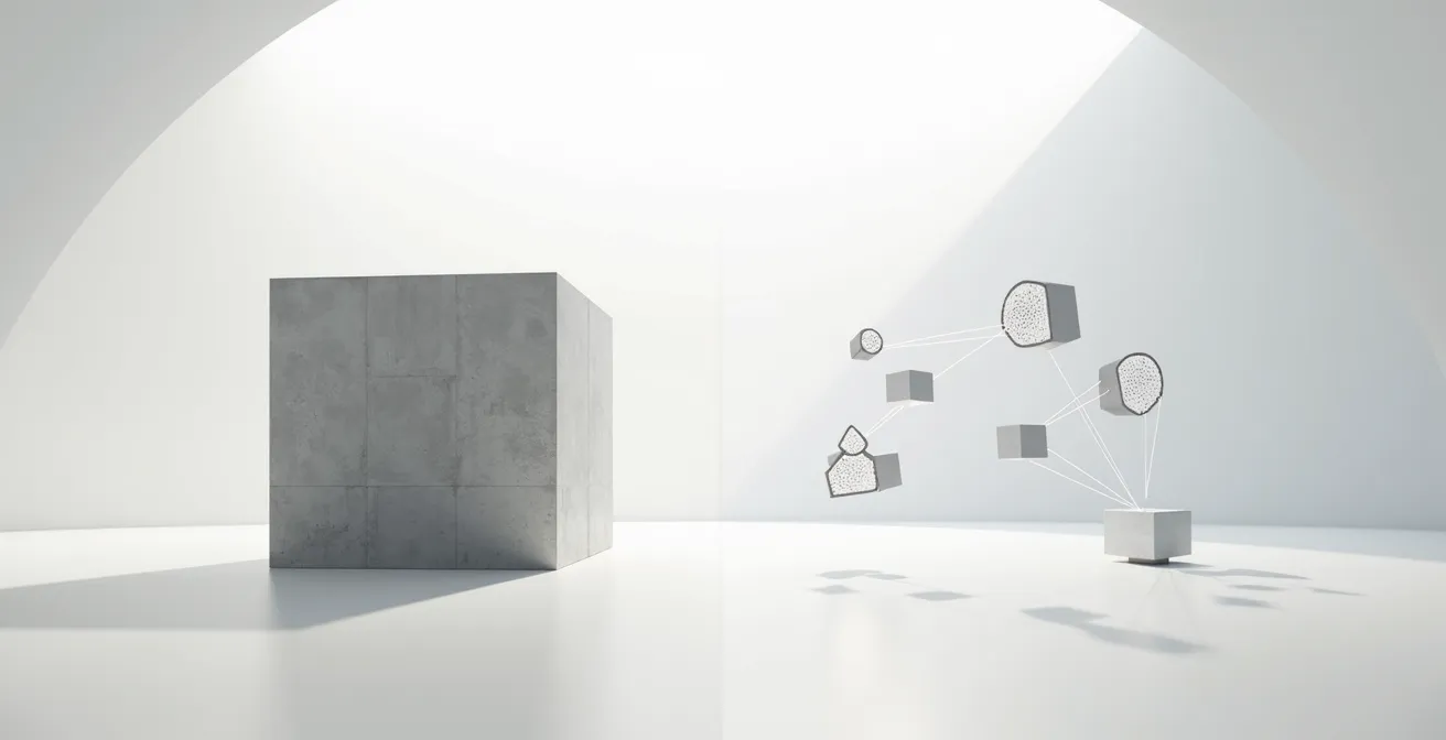 Visuelle Gegenüberstellung eines monolithischen Blocks und verteilter Mikroservice-Module