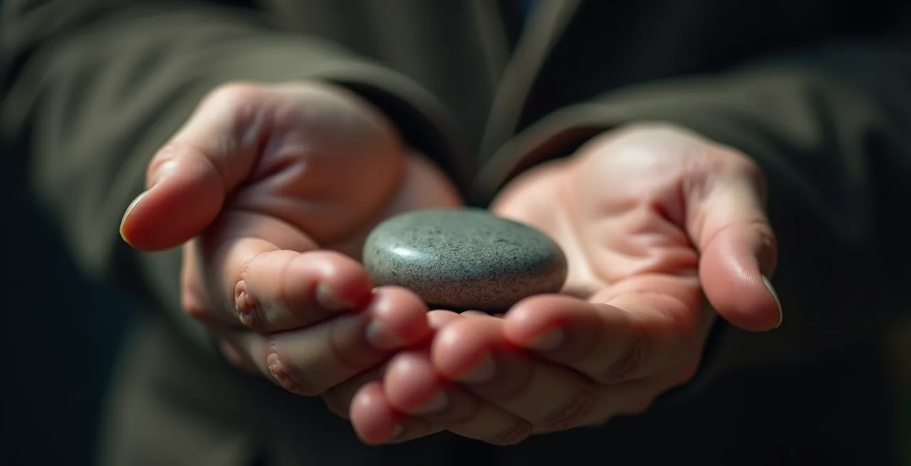 Eine Nahaufnahme zeigt die Hände eines Unternehmers, der symbolisch ein kleines, glattes Objekt an die Hand eines Teammitglieds übergibt, was die Delegation von Verantwortung darstellt.
