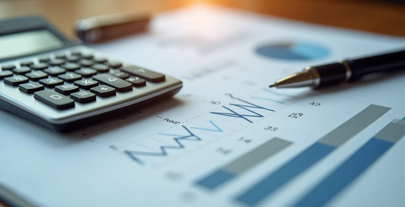 Detailansicht von Finanzunterlagen mit Taschenrechner und analytischen Diagrammen