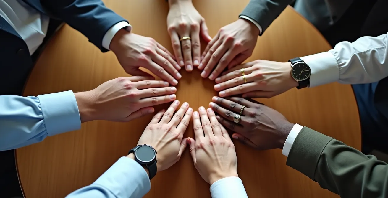 Verschiedene Hände formen gemeinsam eine Brücke als Symbol für kulturelle Verbindung