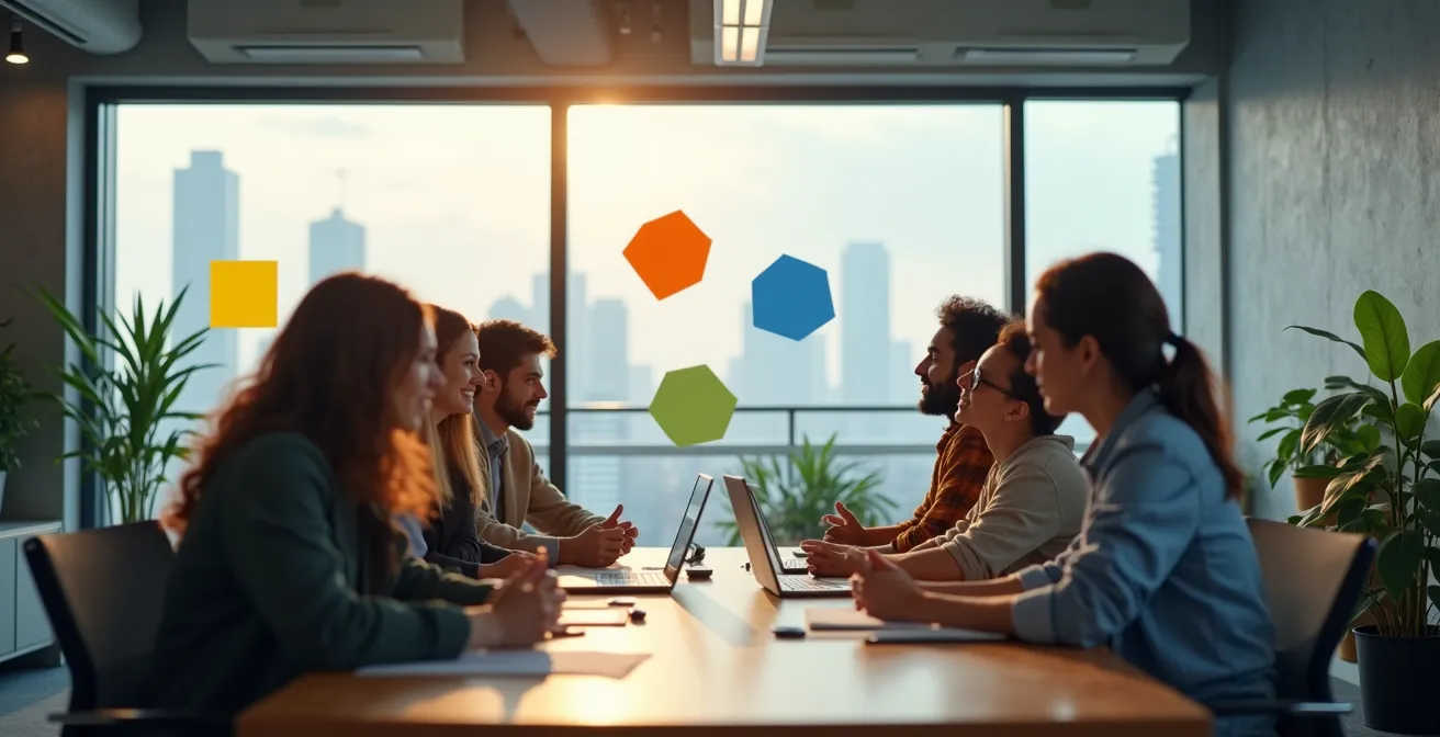 Diverse Mitarbeiter in kreativem Workshop-Setting diskutieren Unternehmenswerte