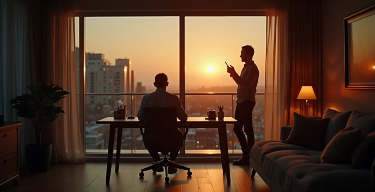 Ein Gründer arbeitet in seinem modern eingerichteten Heimbüro, während im unscharfen Hintergrund seine Familie im warmen Licht des Wohnzimmers Zeit miteinander verbringt.